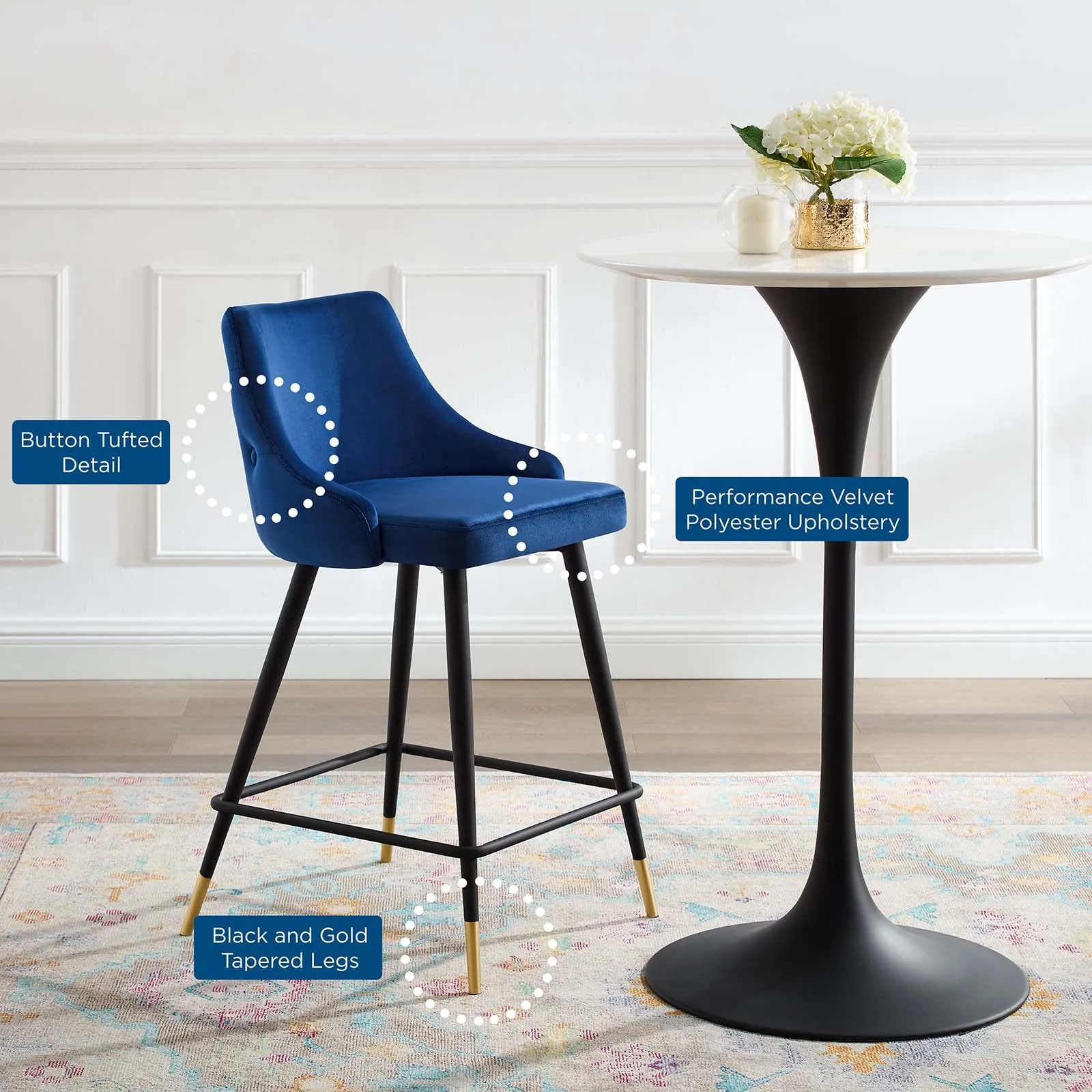 Adorn Performance Velvet Counter Stool - Luxurious, Stain-Resistant Comfort for Dining Spaces