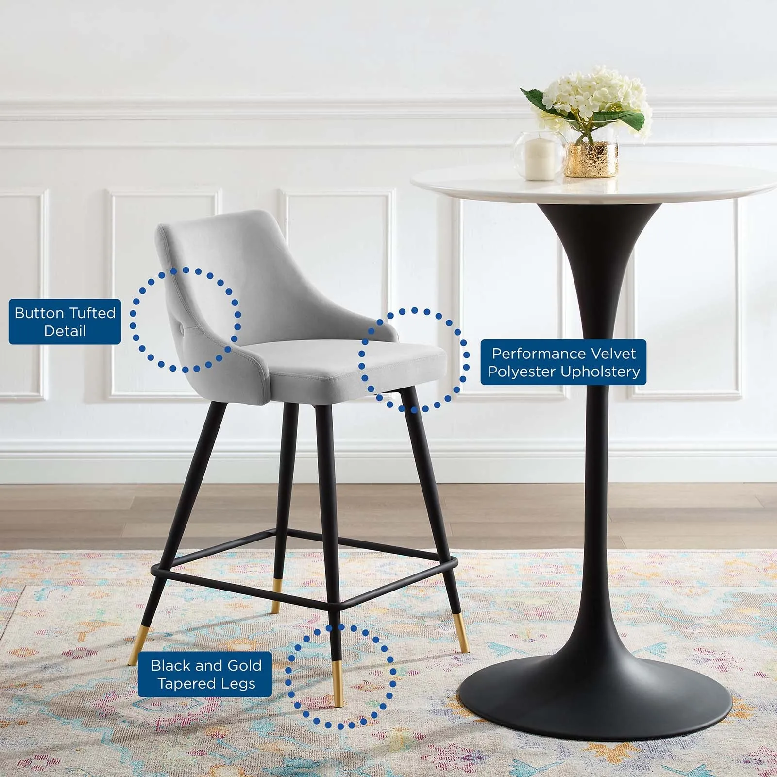 Adorn Performance Velvet Counter Stool - Luxurious, Stain-Resistant Comfort for Dining Spaces