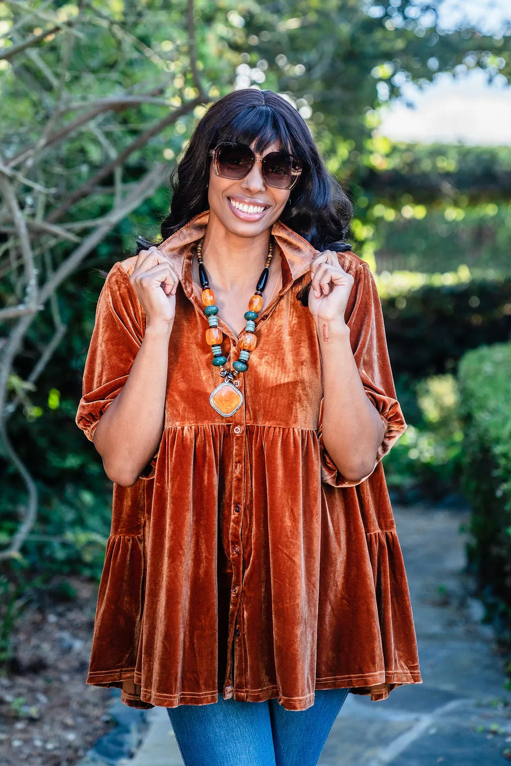 Babydoll Velvet Tunic in Rust