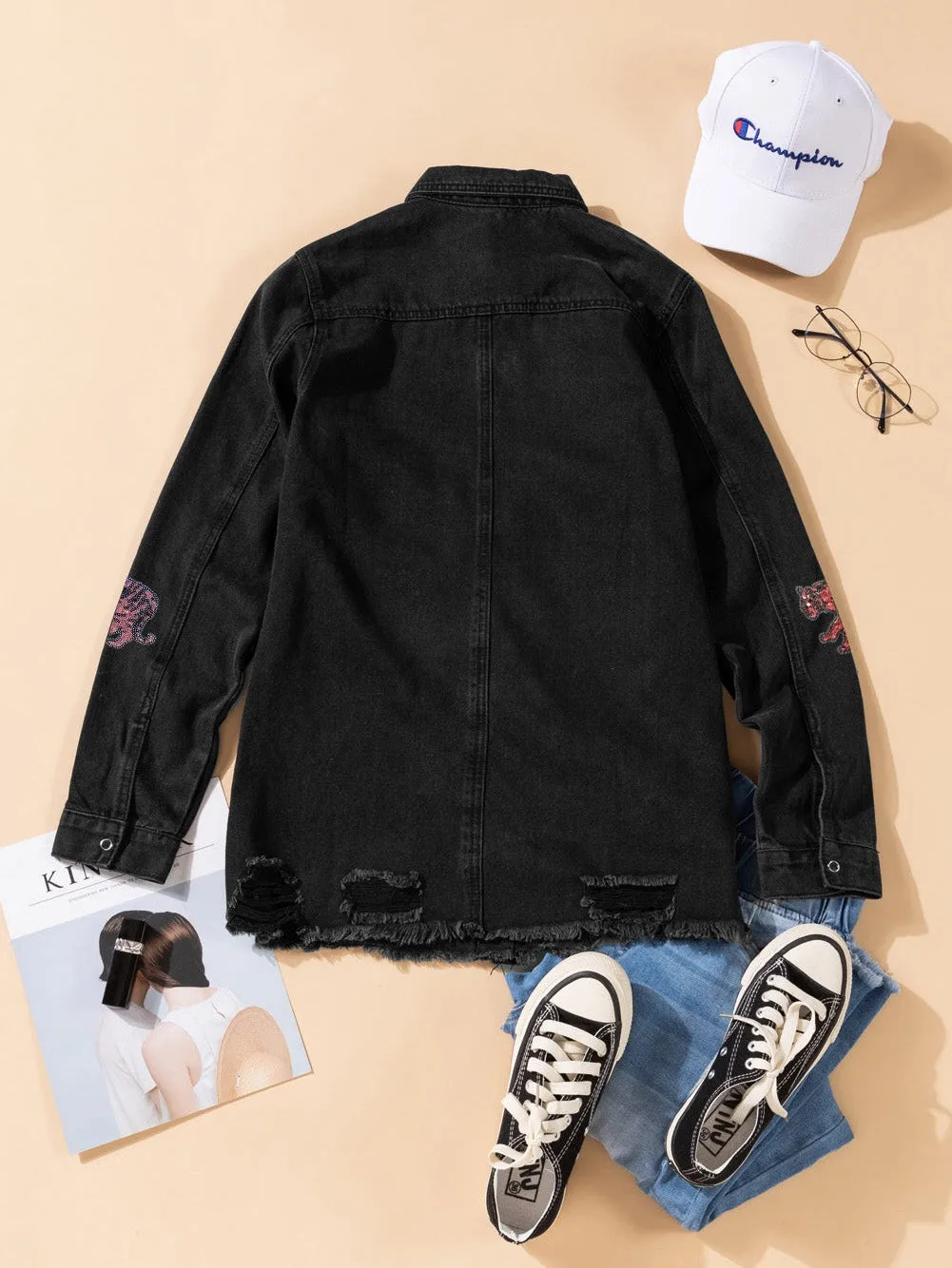 Black Denim Shirt Jacket with Tiger Applique