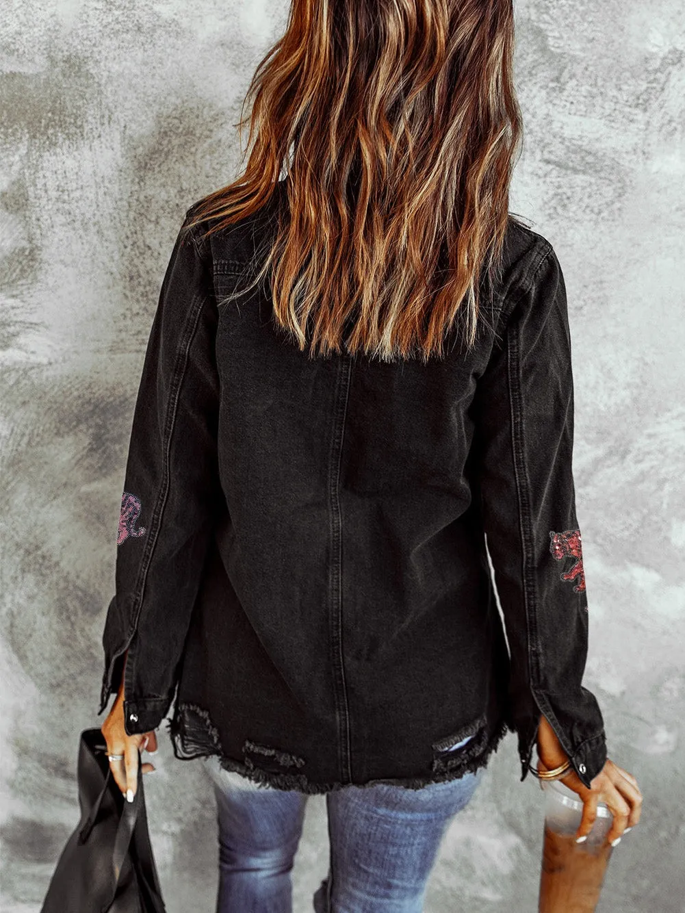 Black Denim Shirt Jacket with Tiger Applique