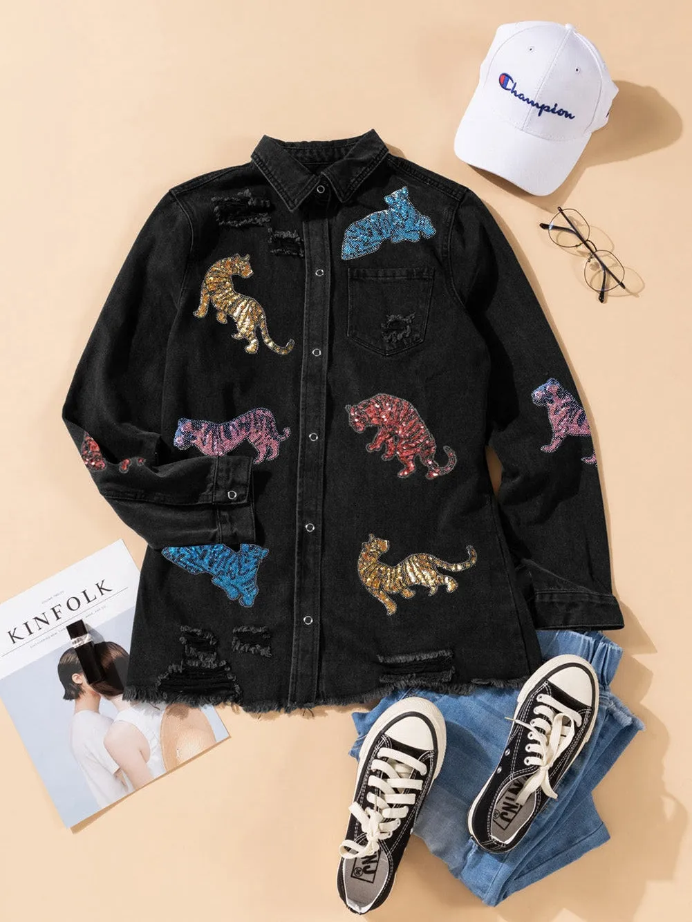 Black Denim Shirt Jacket with Tiger Applique