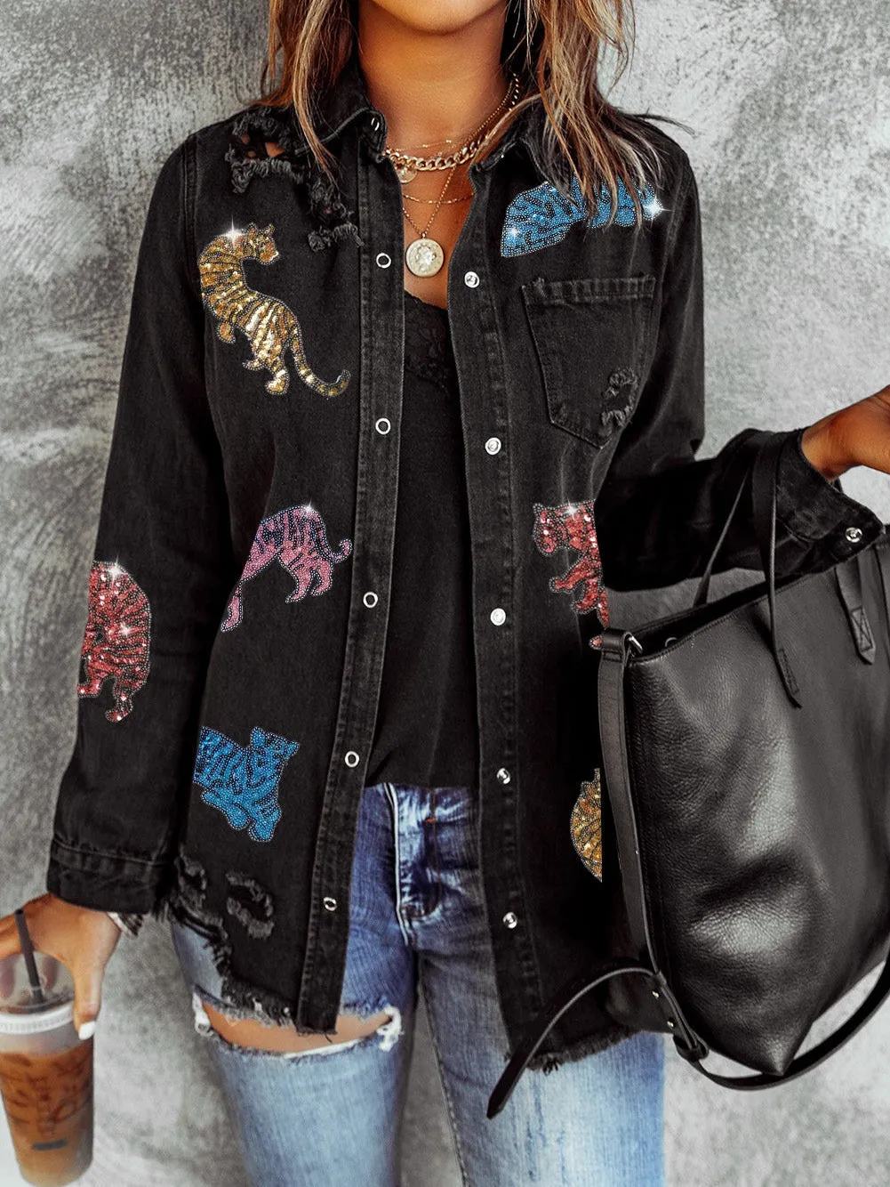 Black Denim Shirt Jacket with Tiger Applique