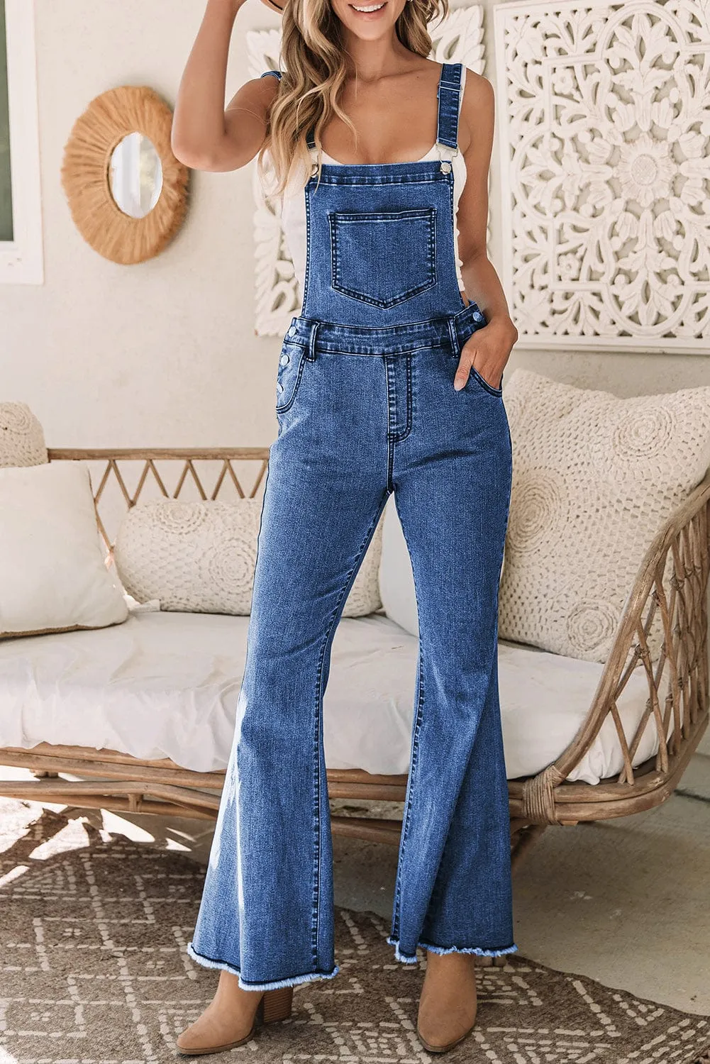 Bohemian Style Denim Jumpsuit with Flared Legs