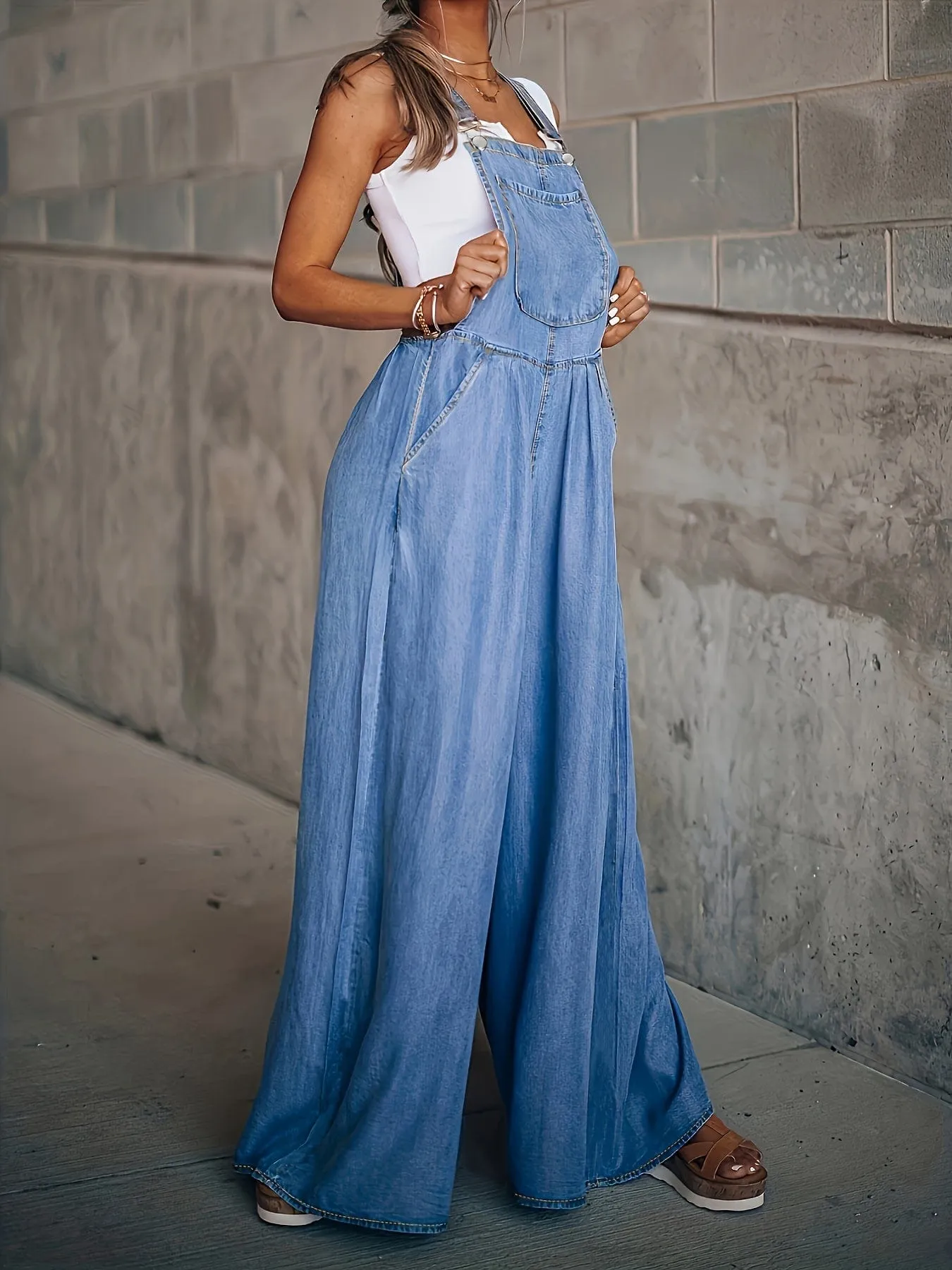 Bohemian Style Denim Jumpsuit with Flared Legs