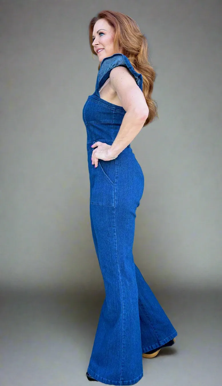 Denim Ruffle Flare Leg Jumpsuit