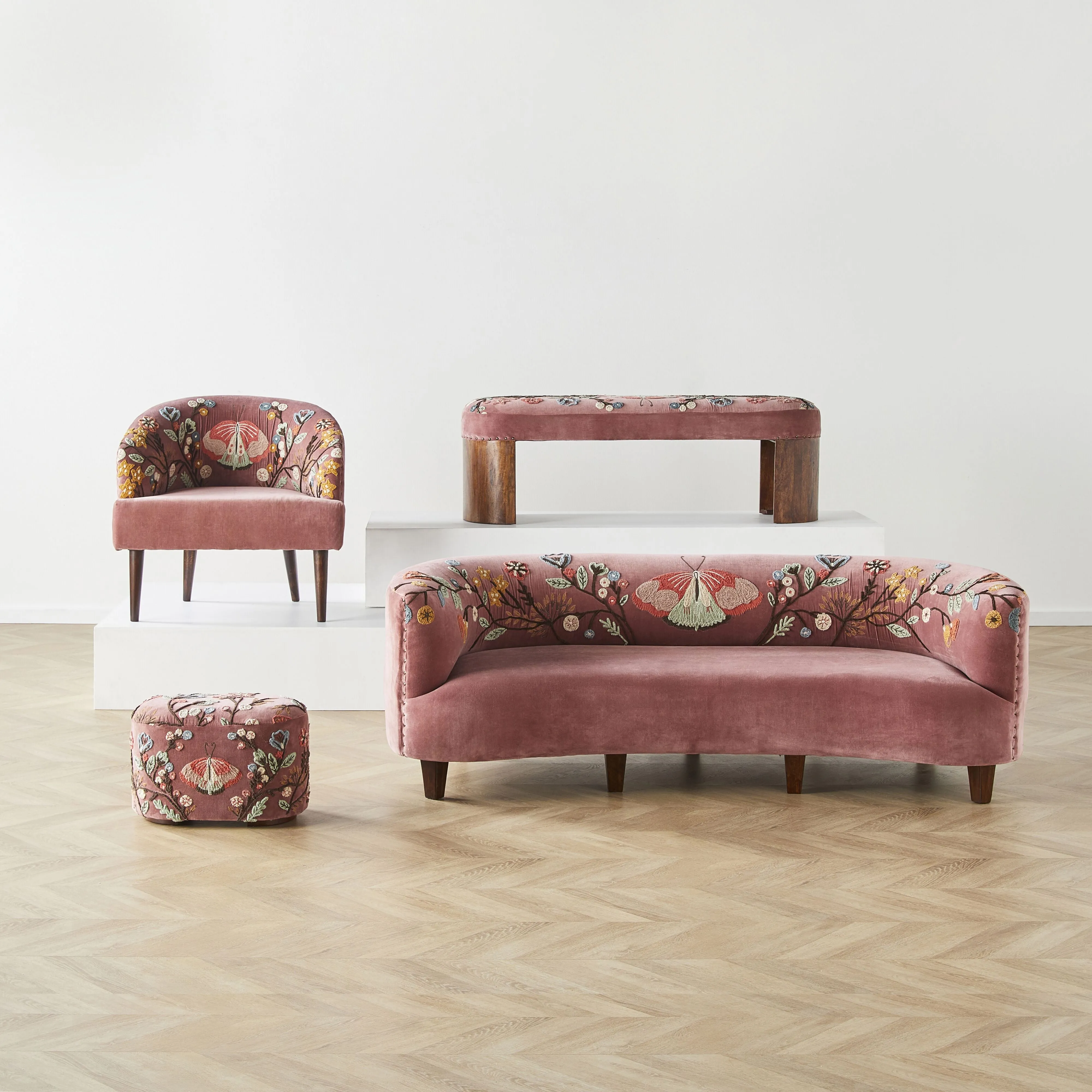 Freya Embroidered Ottoman Rose Pink Velvet