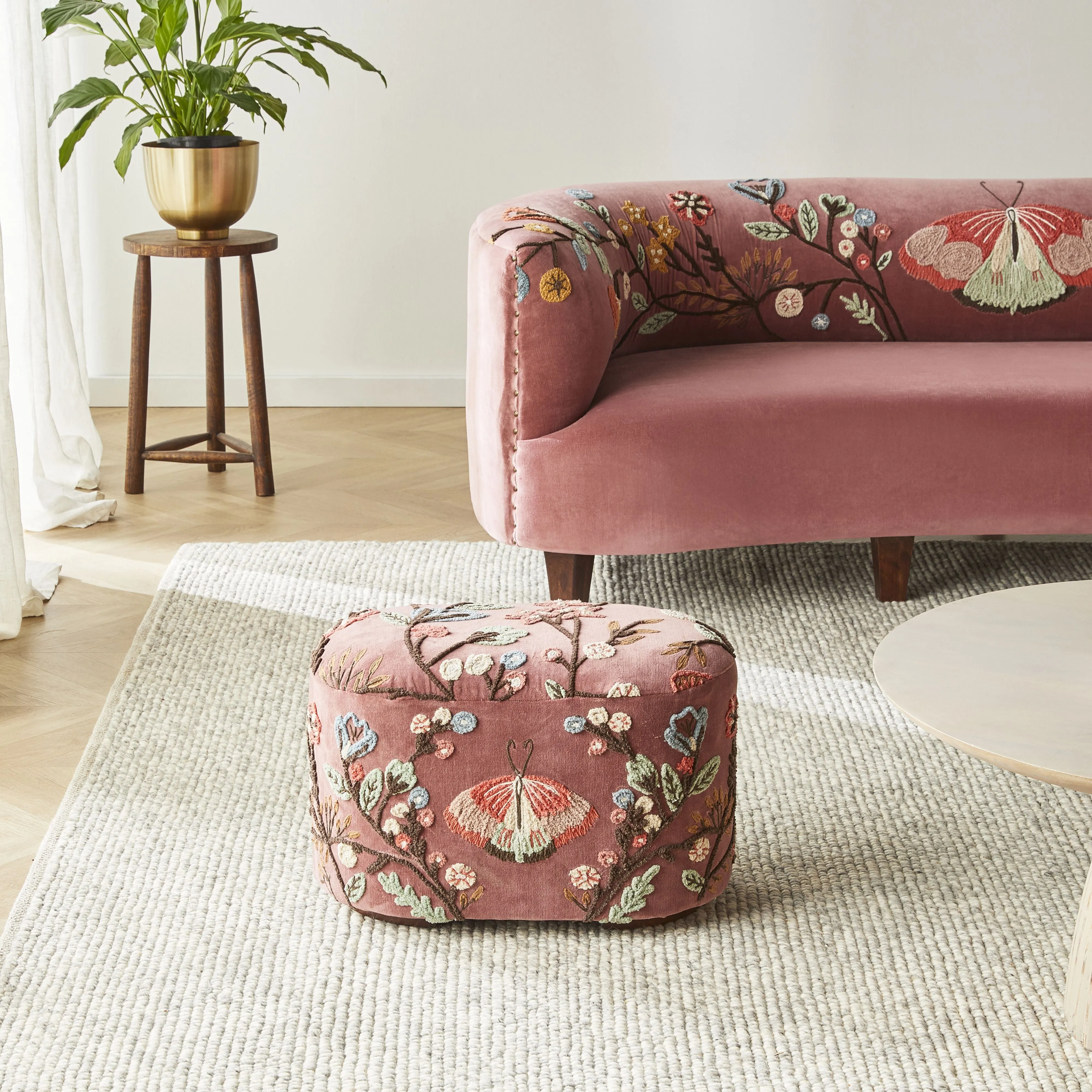 Freya Embroidered Ottoman Rose Pink Velvet