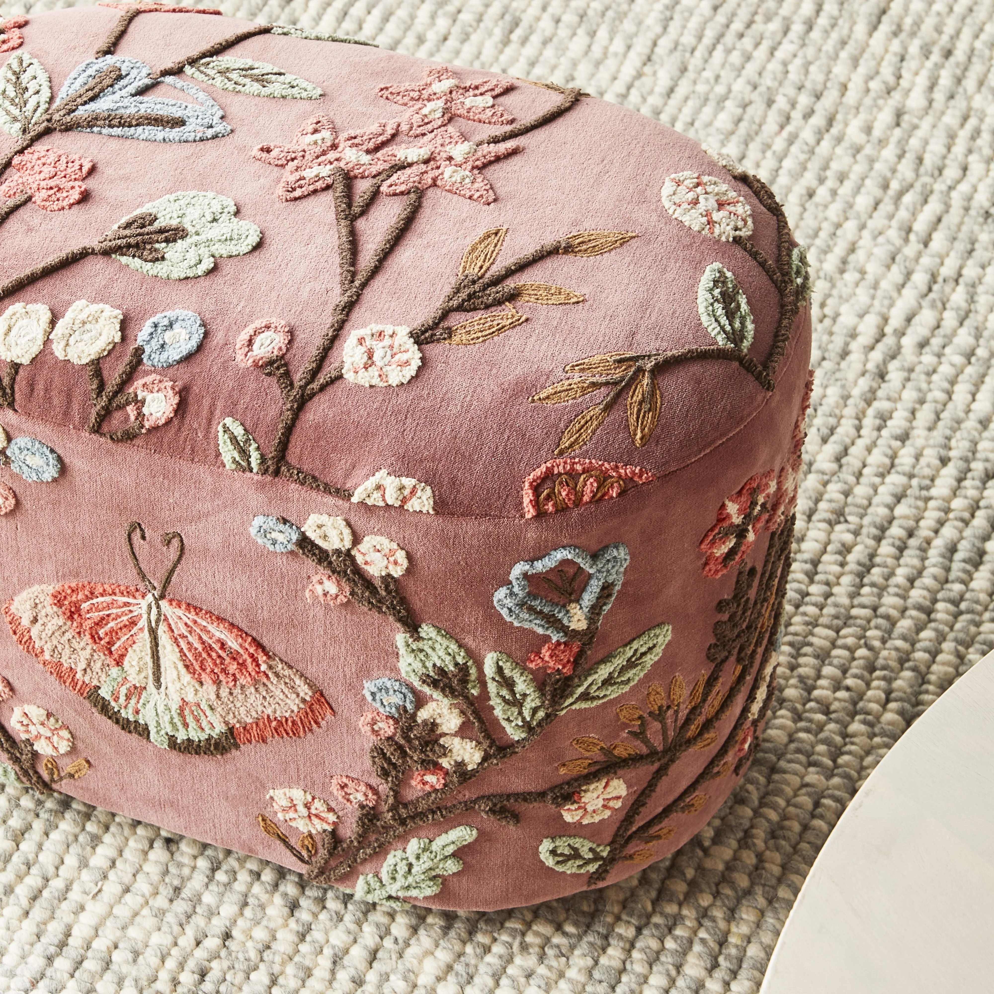 Freya Embroidered Ottoman Rose Pink Velvet