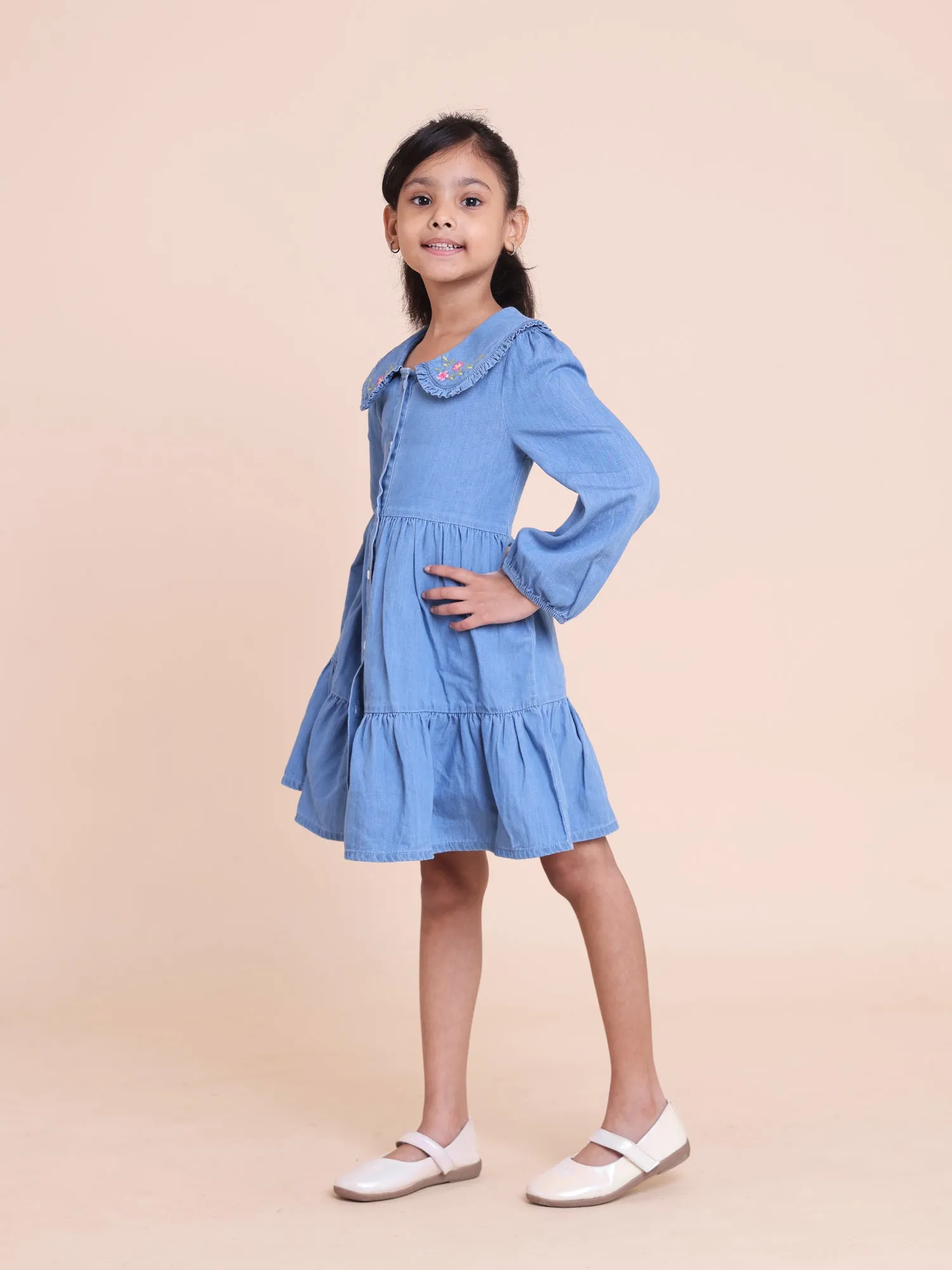 Full Sleeve Denim dress with Embroidered peter-pan collar