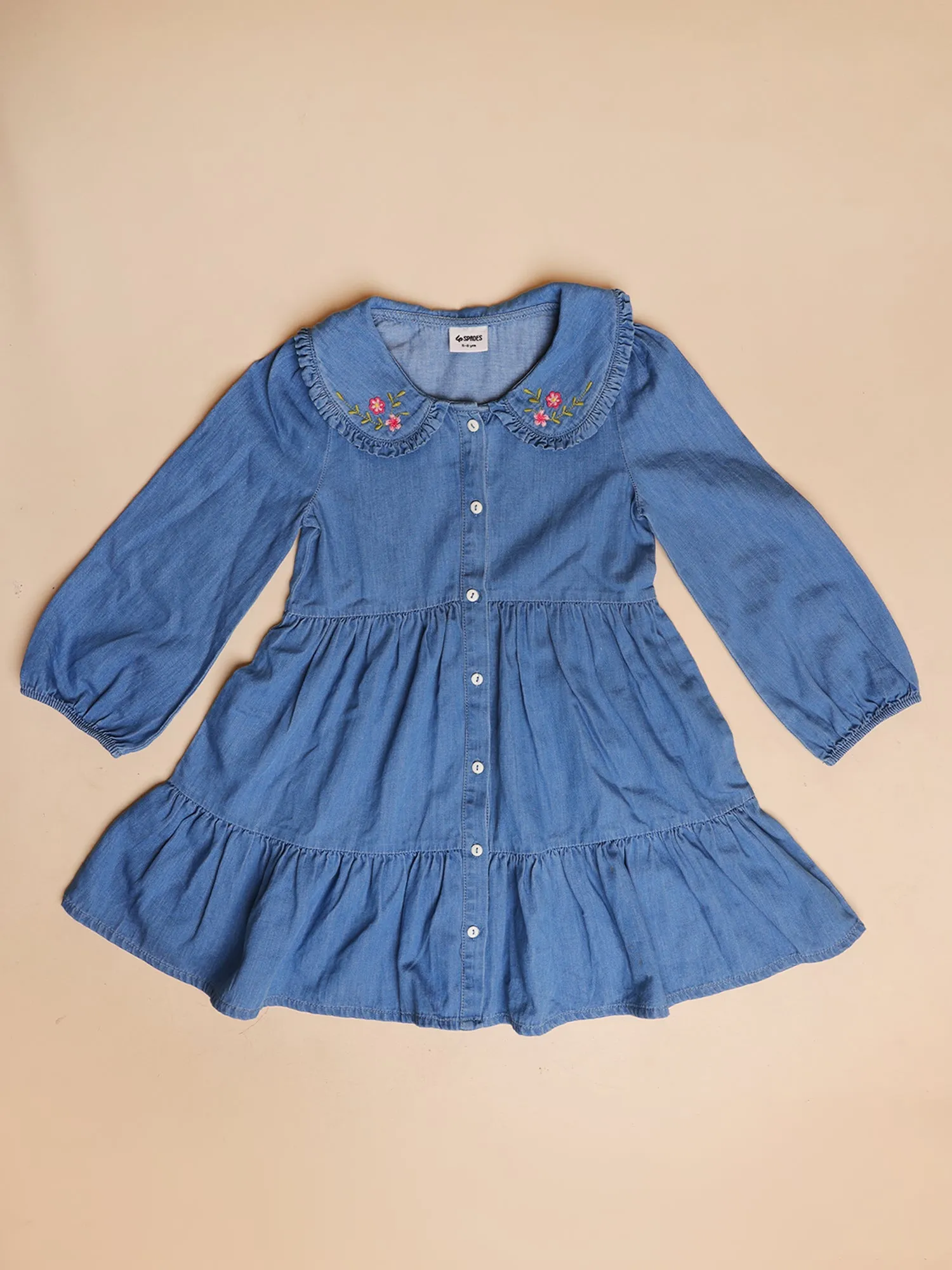 Full Sleeve Denim dress with Embroidered peter-pan collar