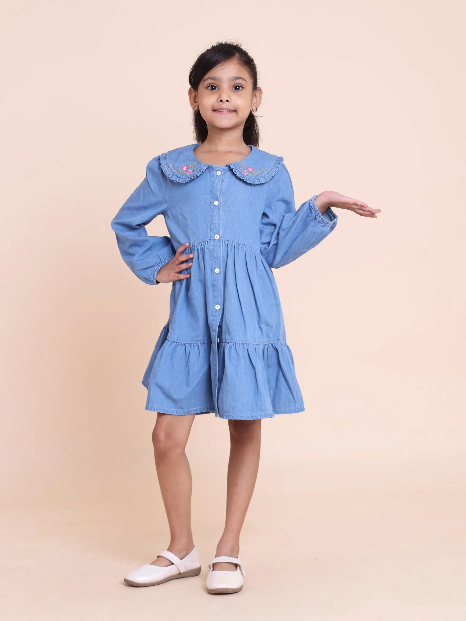 Full Sleeve Denim dress with Embroidered peter-pan collar