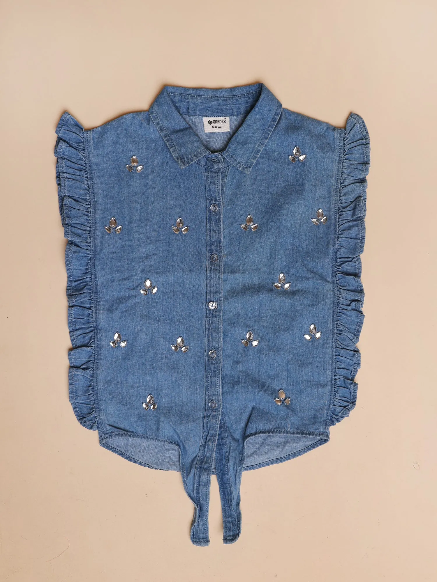 Girls' Denim Tie-Up Top with Rhinestone Handwork