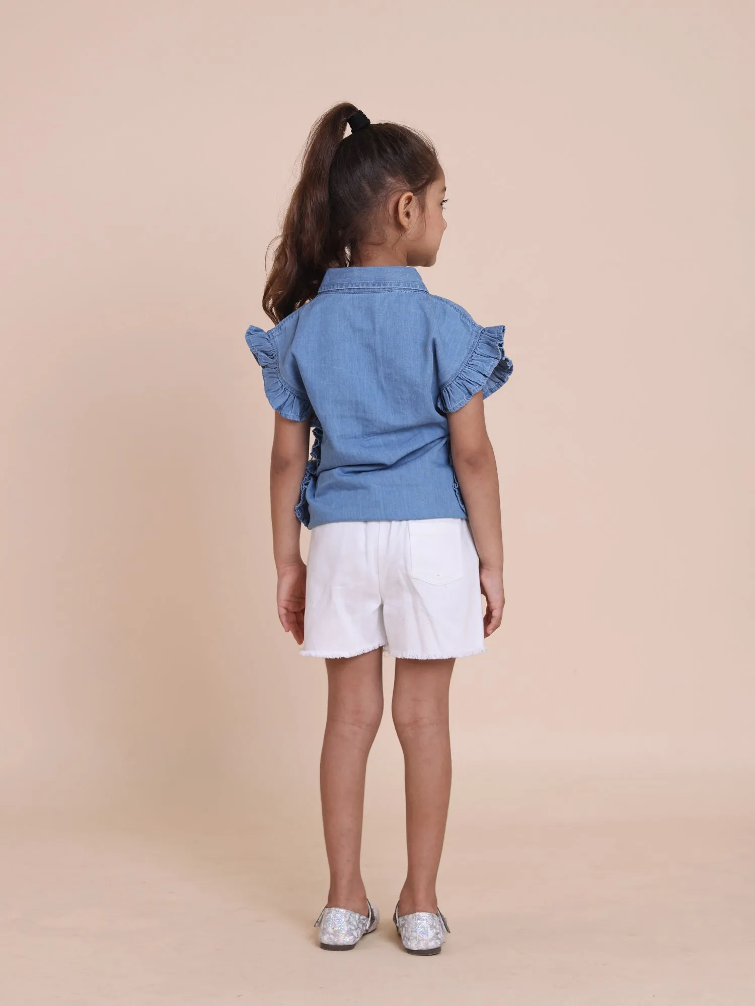 Girls' Denim Tie-Up Top with Rhinestone Handwork