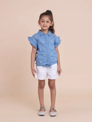 Girls' Denim Tie-Up Top with Rhinestone Handwork