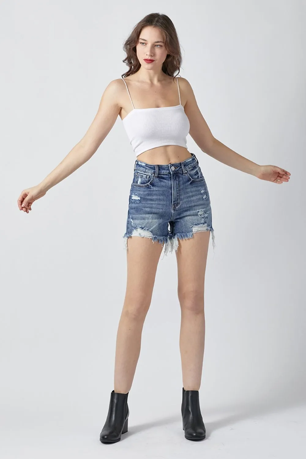 High Rise Distressed Denim Shorts