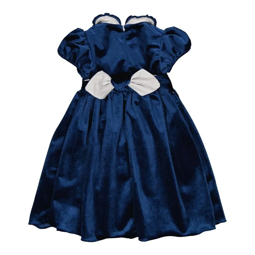 KIDIWI Girls' Velvet Party Dress with White Collar - Navy Blue