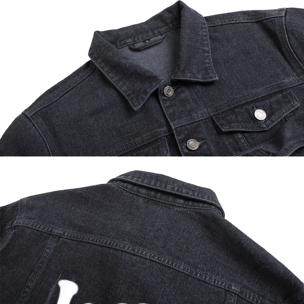 Mens LOVE MORE WORK LESS Graphic Button Up Denim Jacket