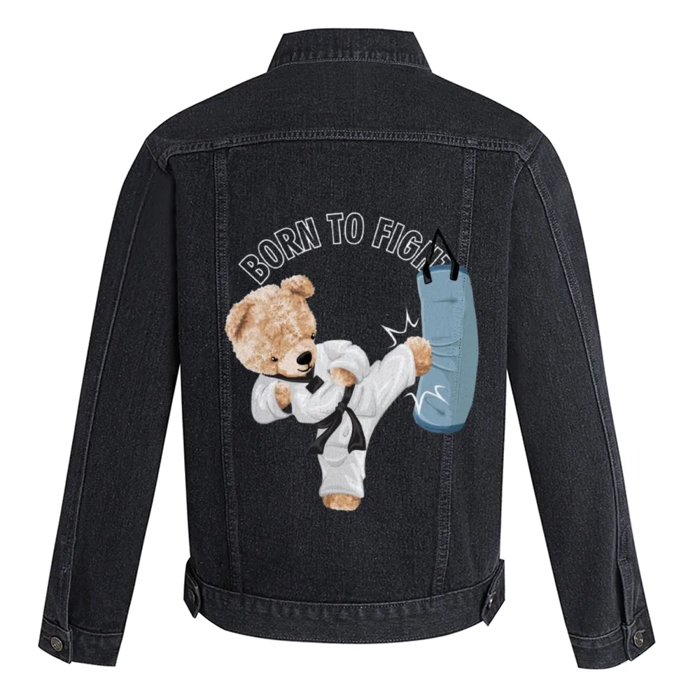 Mens Vintage Cartoon Cute Bear Prints BORN TO FIGHT Denim Jacket