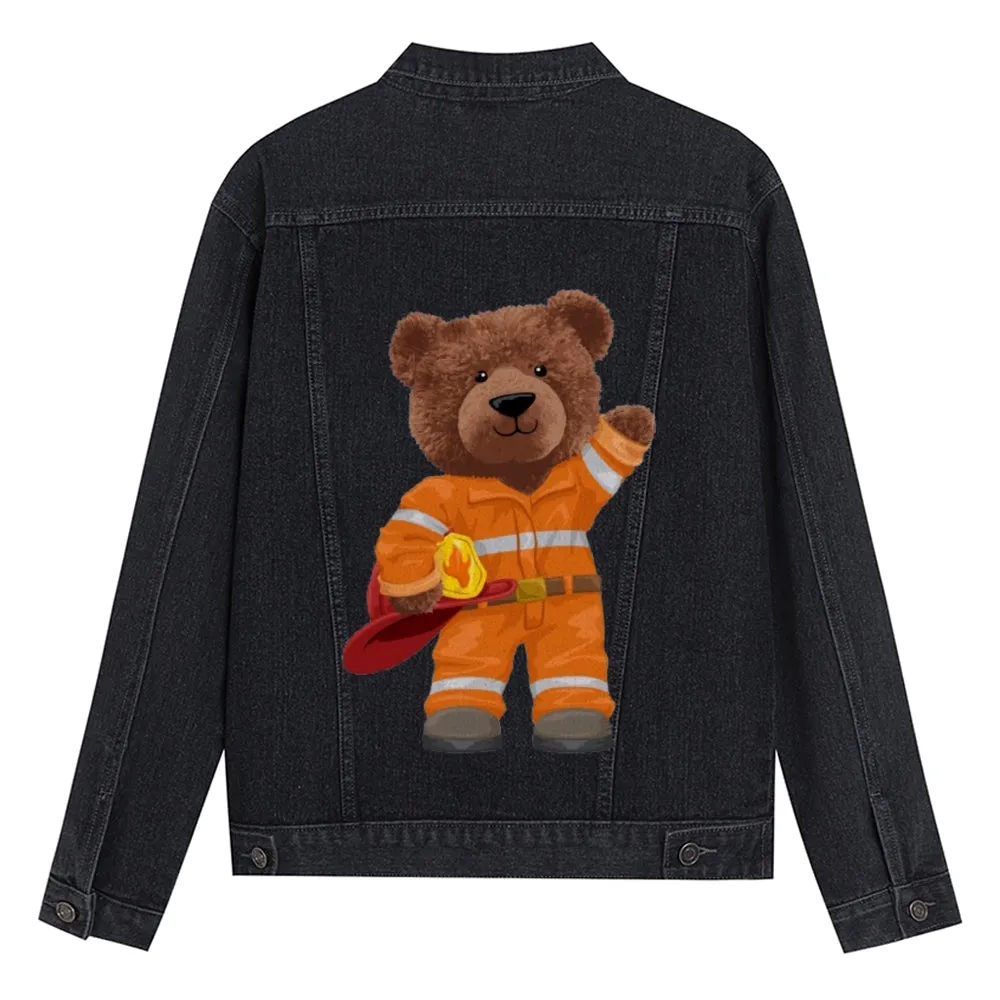 Mens Vintage Cartoon Cute Firefighter Bear Prints Denim Jacket