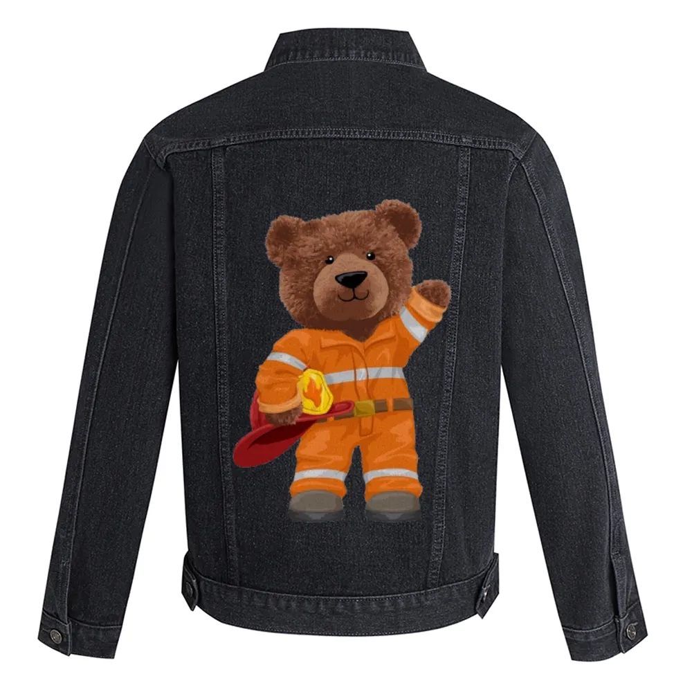 Mens Vintage Cartoon Cute Firefighter Bear Prints Denim Jacket