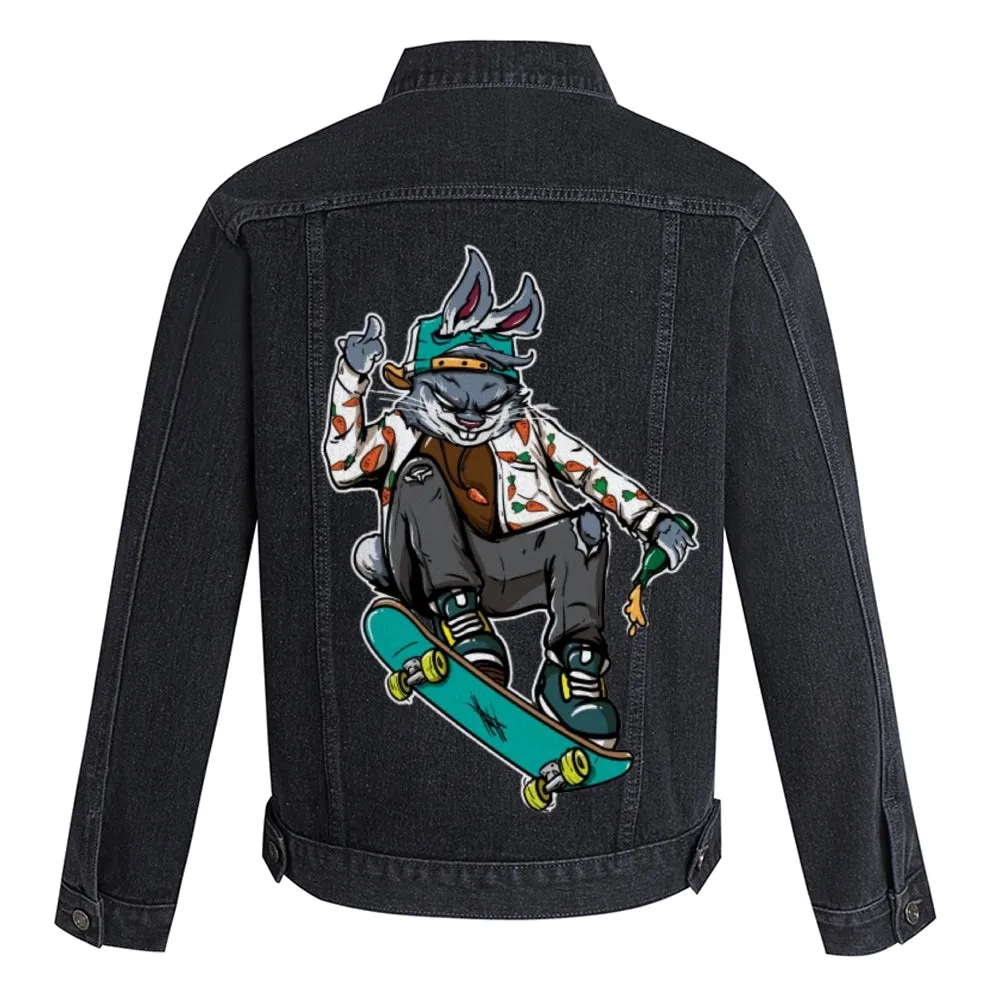 Mens Vintage Skate Cartoon Prints Rabbit Denim Jacket