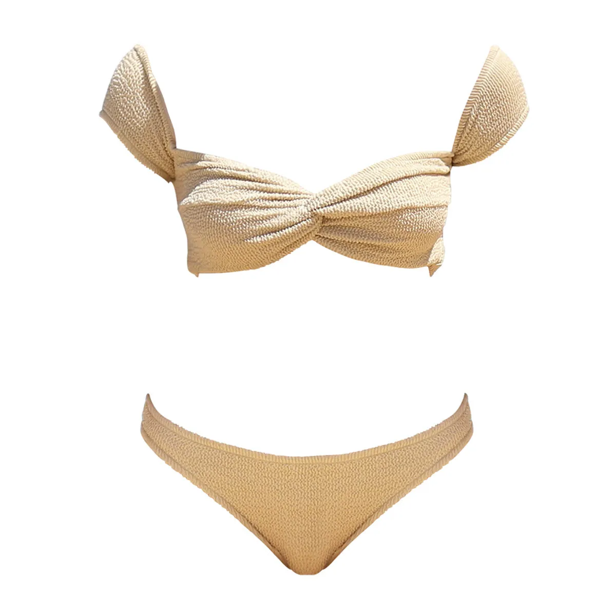 Off shoulder Bow Sleeves Bandeau Nude Two piece Bikini Swimsuit