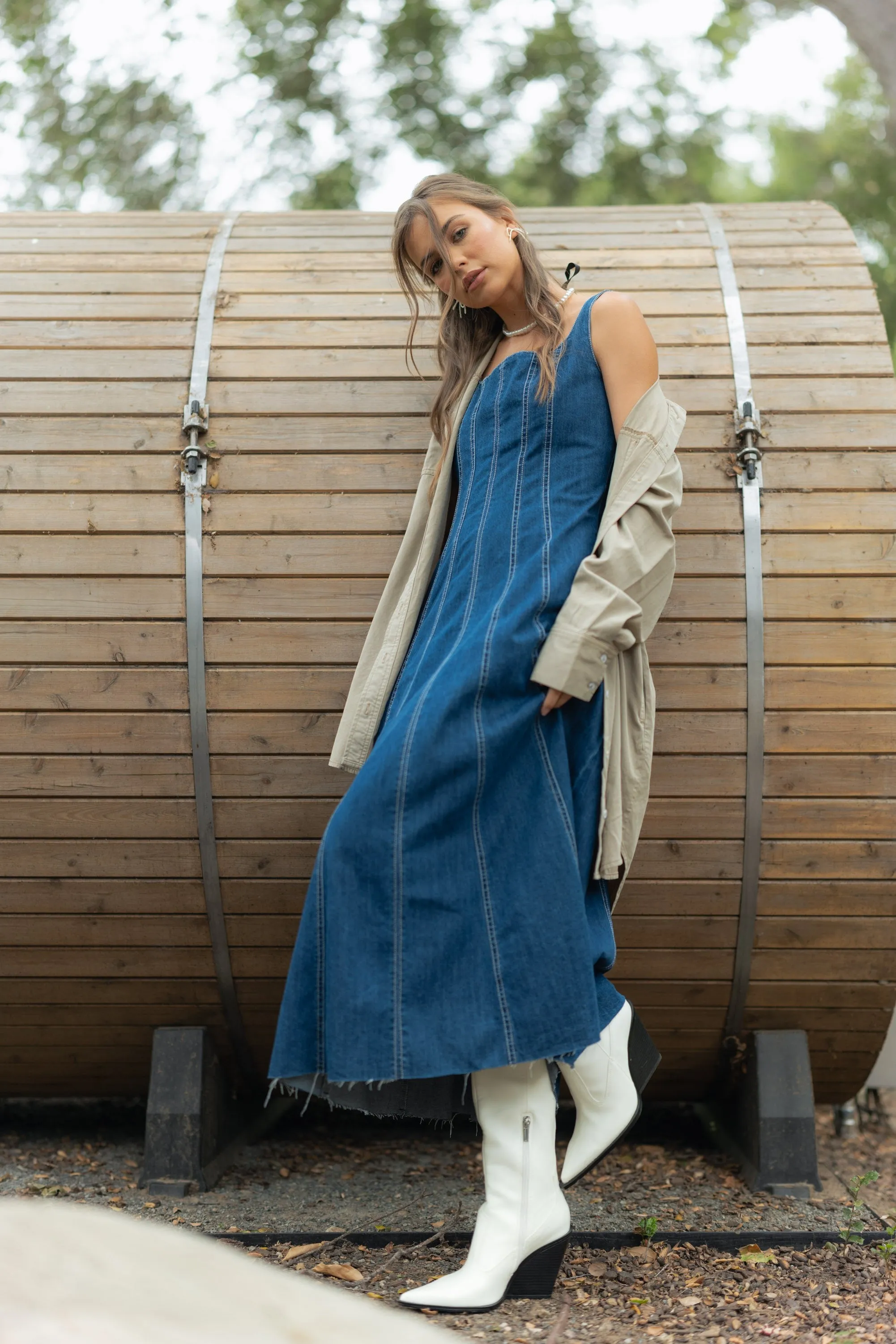 Paneled Denim Maxi Dress