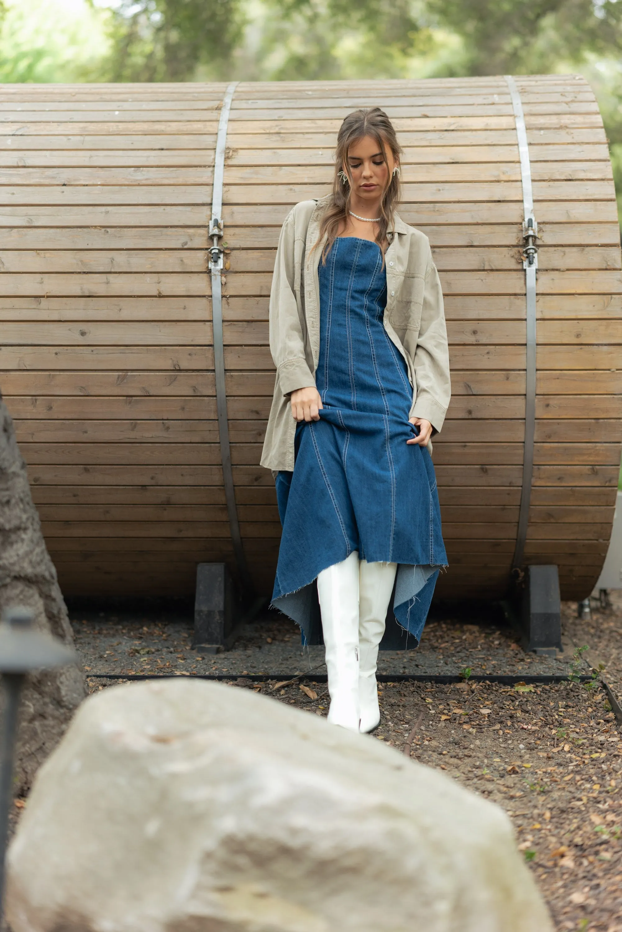 Paneled Denim Maxi Dress