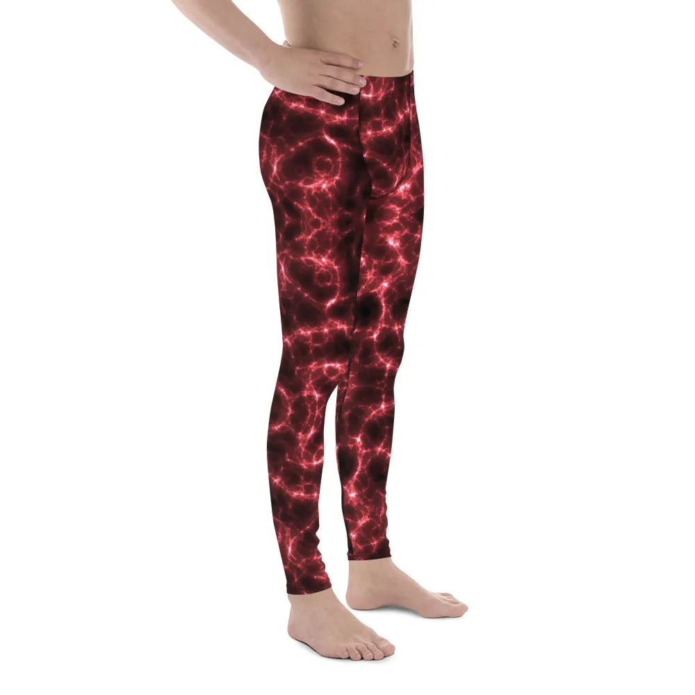 Red Lightning Men's Leggings, Mens Lightning Storm Pants, Thunder Lightning Leggings For Men-Made in USA/EU/MX