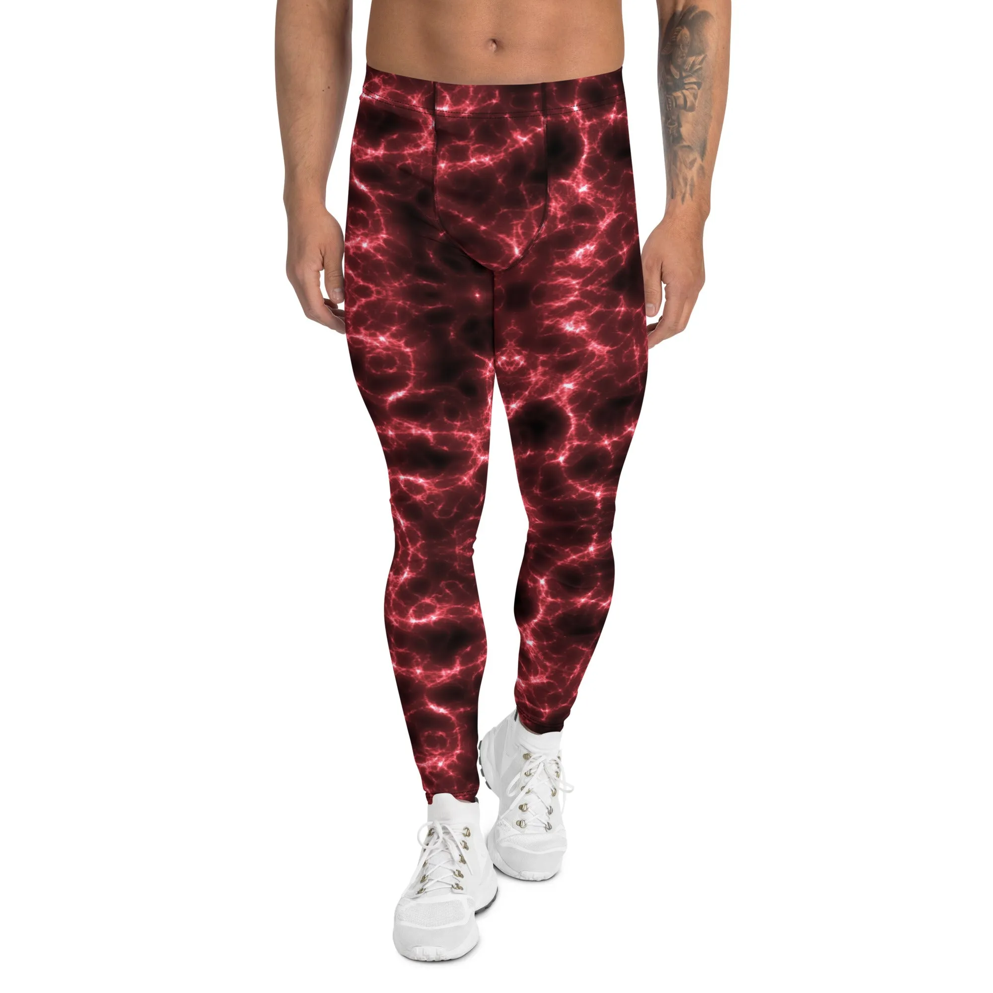 Red Lightning Men's Leggings, Mens Lightning Storm Pants, Thunder Lightning Leggings For Men-Made in USA/EU/MX