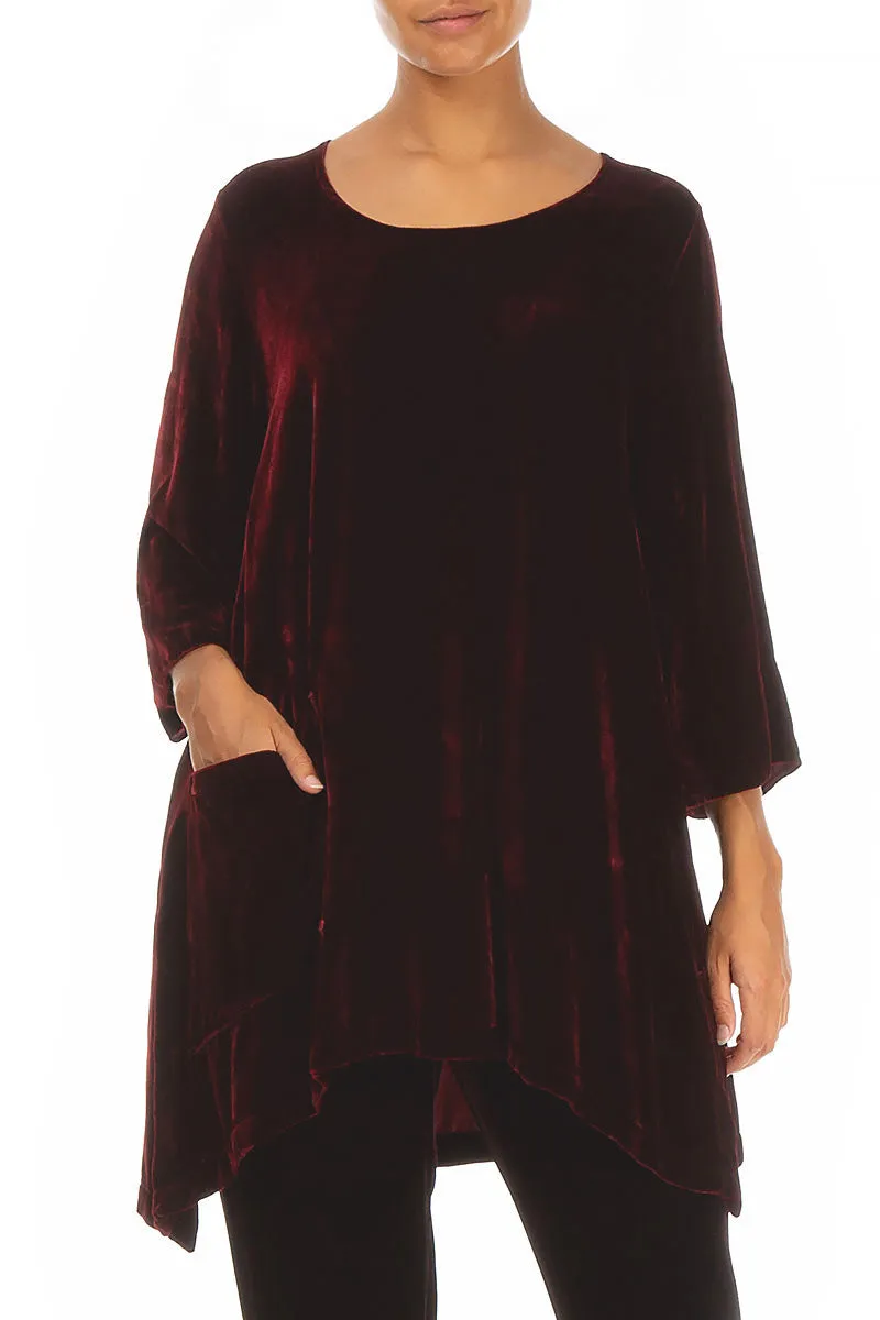 Side Pocket Dark Red Silk Velvet Tunic