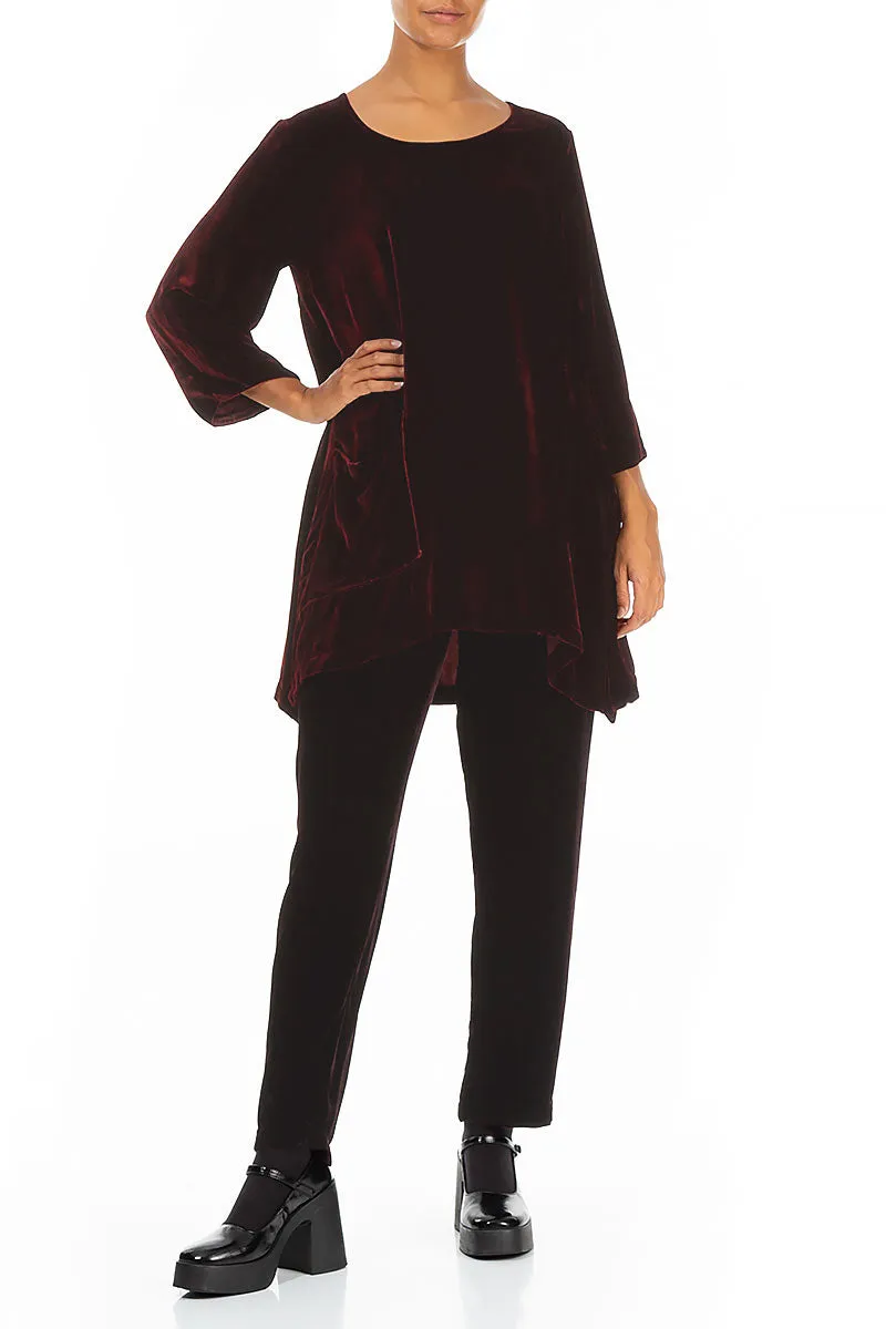 Side Pocket Dark Red Silk Velvet Tunic