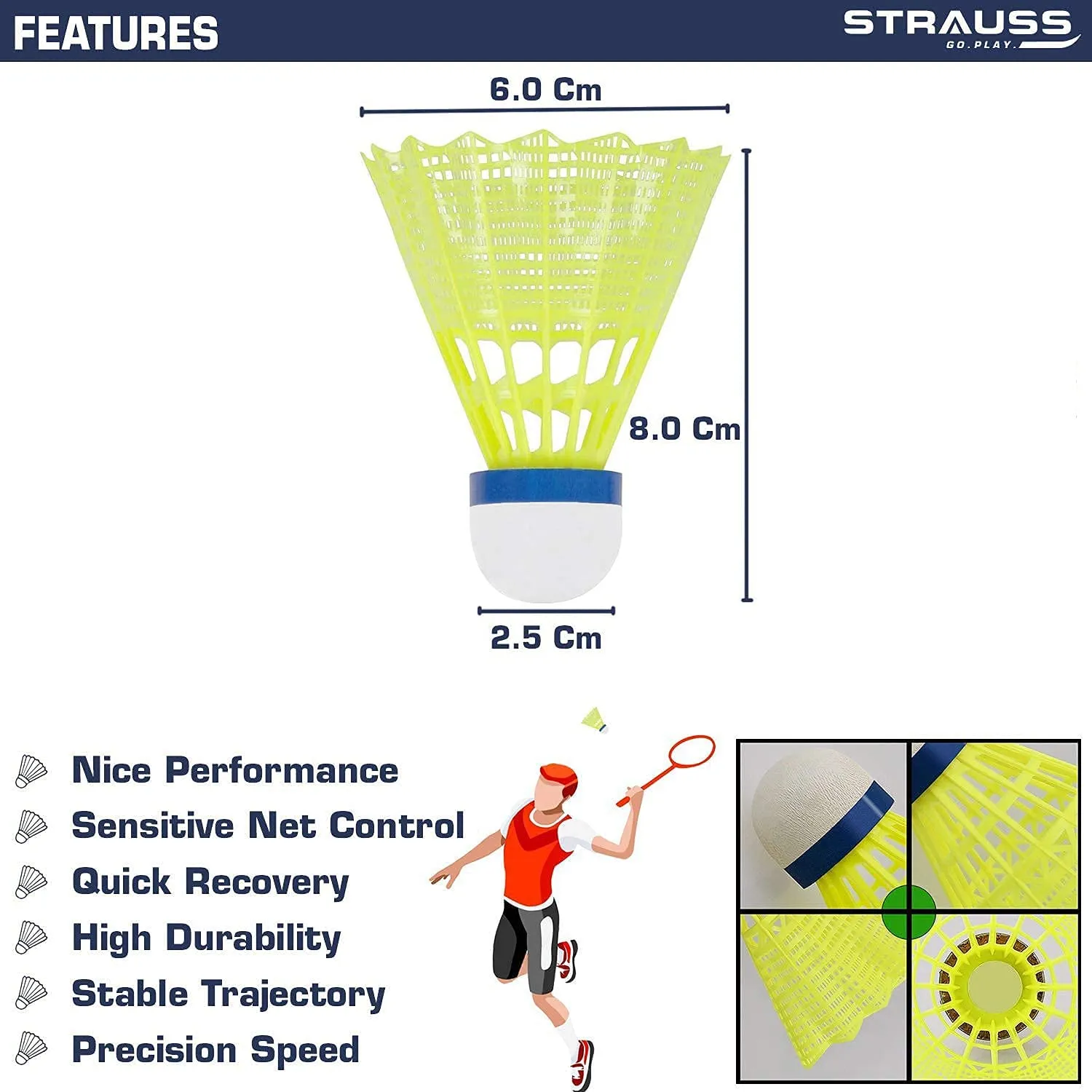 STRAUSS Maxis Pro Nylon Shuttlecock (Pack of 6) | Stable Flight, Fast Recovery & Near Feather Shuttle Performance | Medium Speed, Durable & Less Frequent Replacement, Yellow