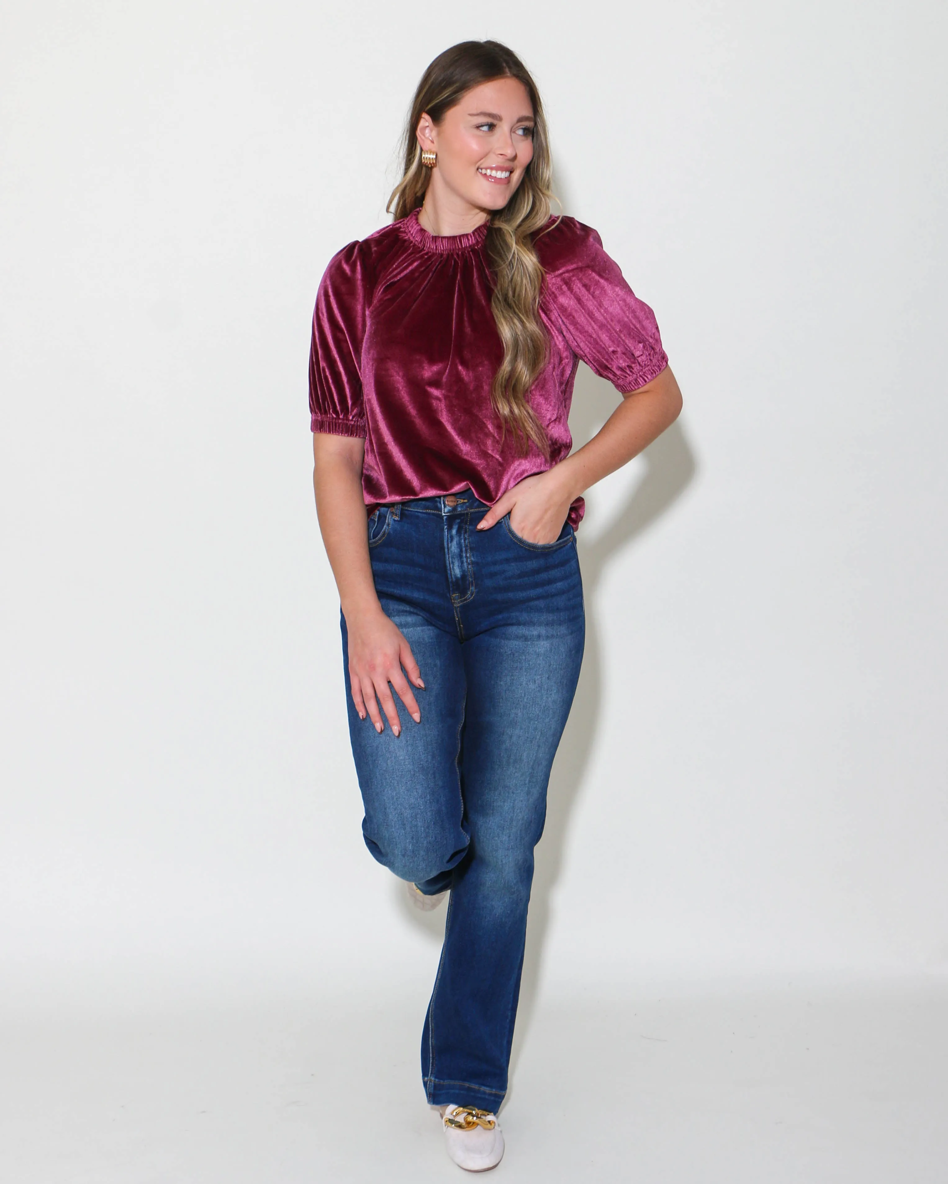 Velvet Rouched Neck Top in Plum