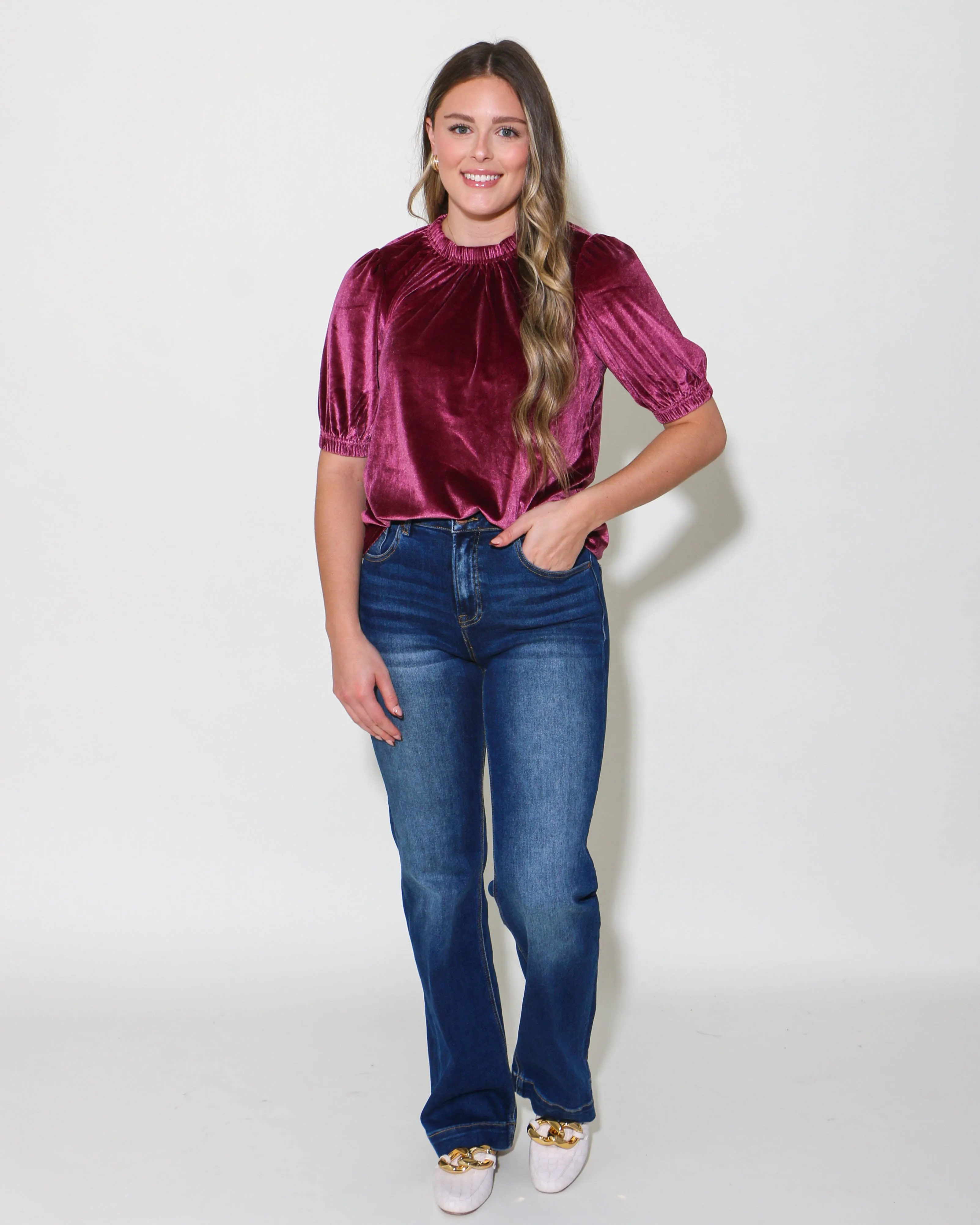 Velvet Rouched Neck Top in Plum