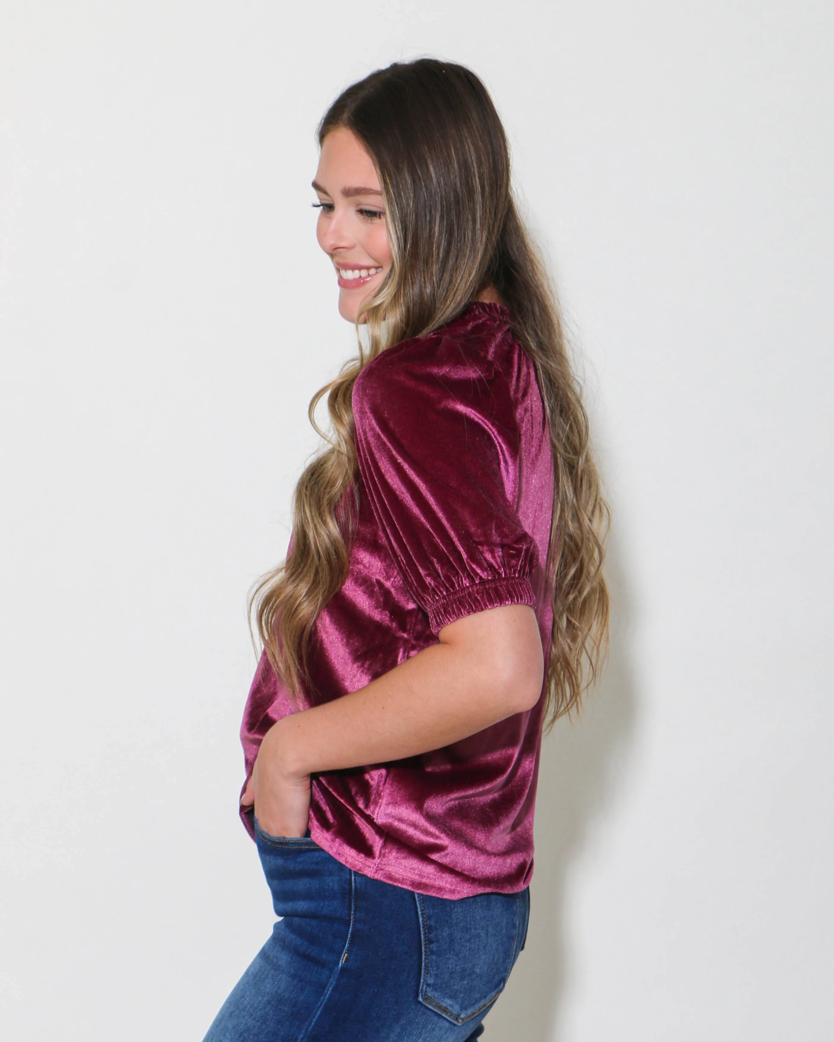 Velvet Rouched Neck Top in Plum