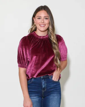 Velvet Rouched Neck Top in Plum