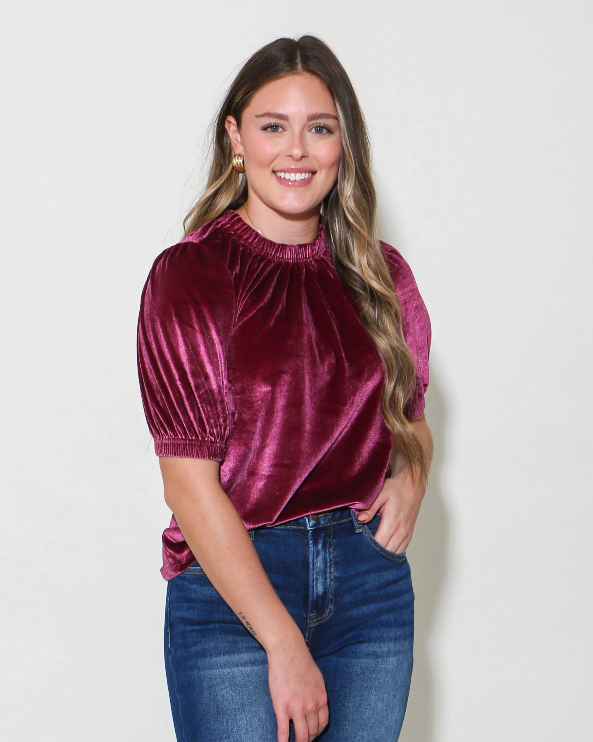 Velvet Rouched Neck Top in Plum