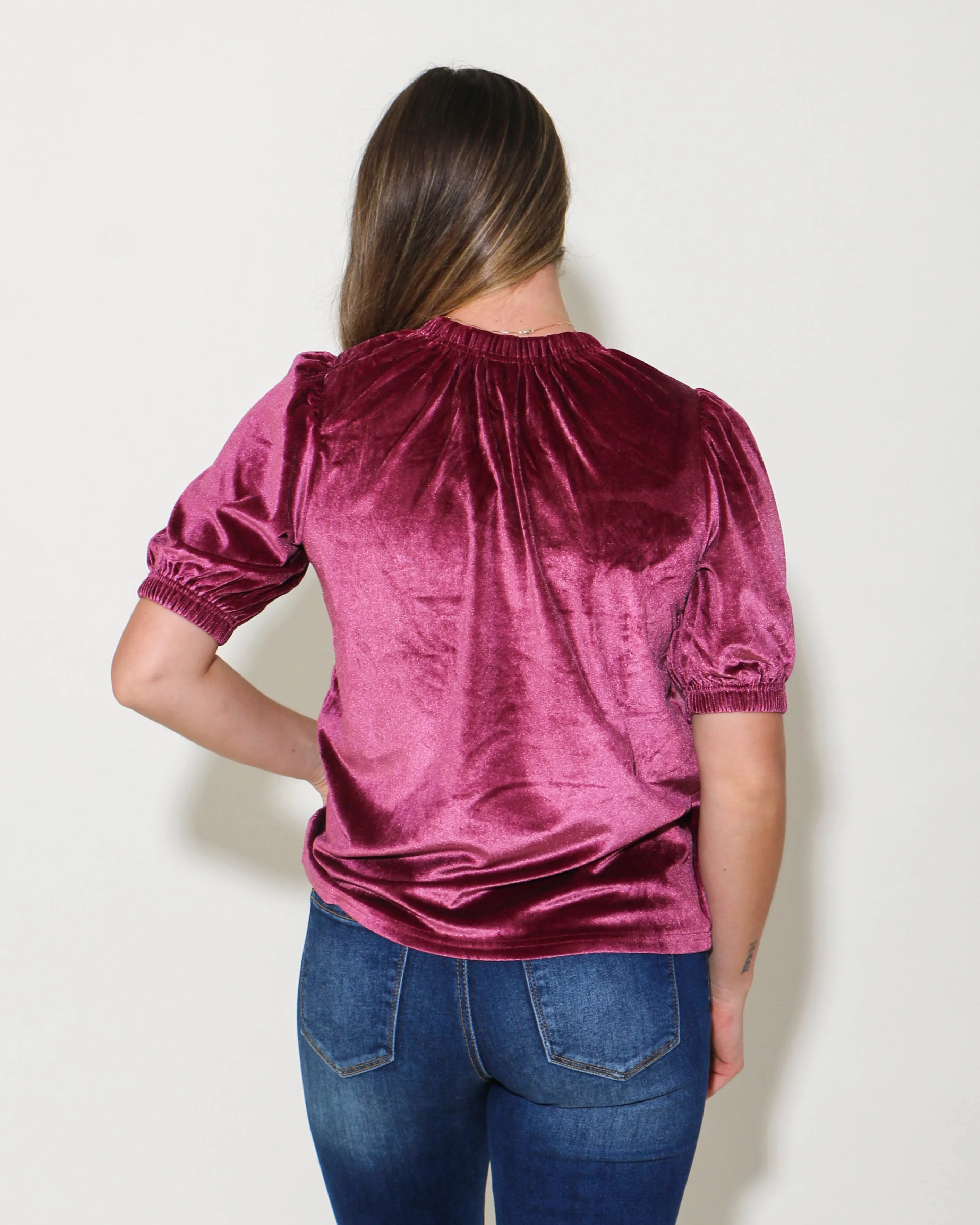 Velvet Rouched Neck Top in Plum