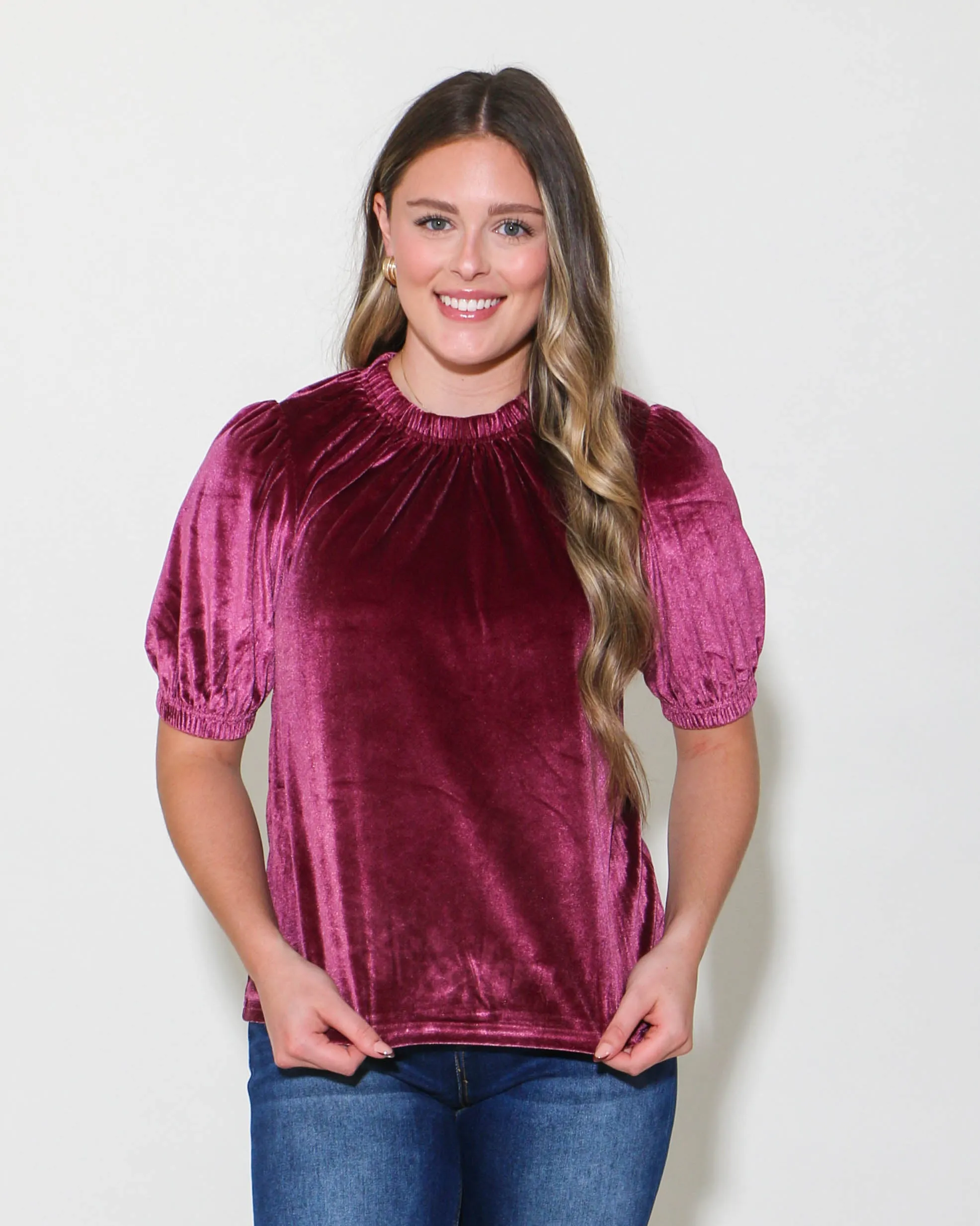 Velvet Rouched Neck Top in Plum