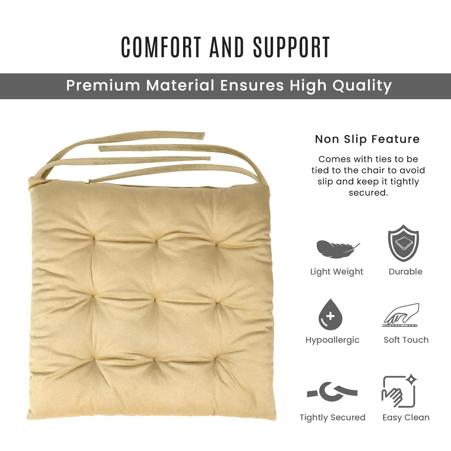 Velvet Slip Free Tufted  Chair Cushion Beige 40x40cm - Pack of 2