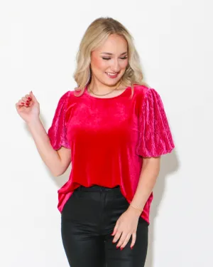 Velvet Wrinkle Puffed Sleeves Top in Ruby