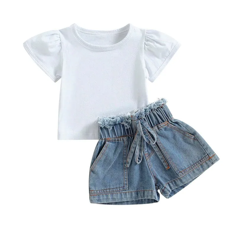 White Tee Denim Shorts Toddler Set